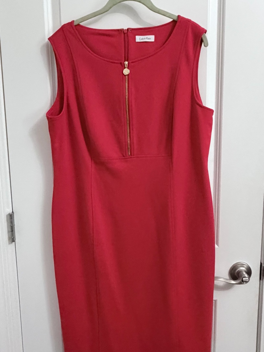 Calvin Klein Red Sleeveless Sheath Dress with Front Gold Zip